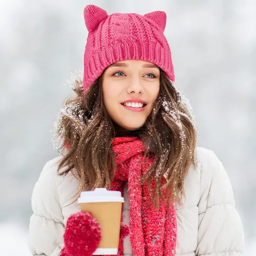 Vista 3 de SATINIOR Lindo gorro de punto con orejas de gato, gorro de punto de invierno para mujeres y niñas