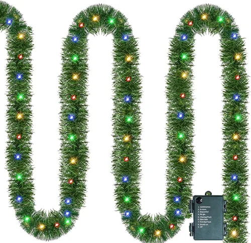 Nerosun Guirnalda de Navidad artificial de 14.8 pies, 50 mini luces LED preiluminadas, funciona con pilas, guirnalda de Navidad para el hogar,