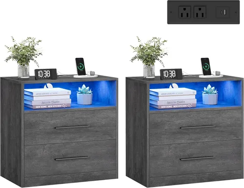 Vista 16 de VASAGLE Custos Collection - Mesita de noche de 23.6 pulgadas de ancho con estación de carga, luces LED, moderna mesita de noche, mesa auxiliar