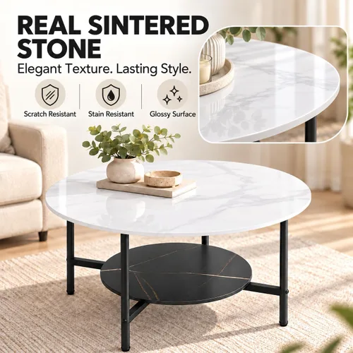 Vista 3 de Wisfor Mesa de centro de mármol para sofá de mesa: mesa central redonda de piedra sinterizada blanca de 2 niveles con Fram negro para sala de estar