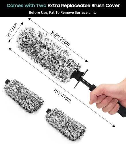 Vista 5 de YeewayVeh Cepillo de limpieza de ruedas de 3 piezas, cepillo limpiador de llantas planas de microfibra con 2 cubiertas extra reemplazables, kit