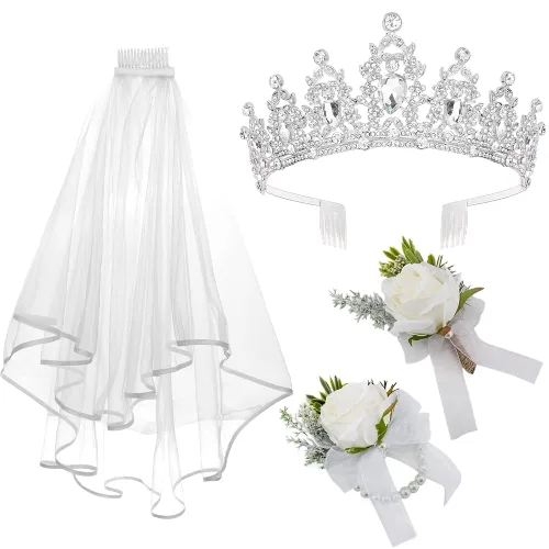 AOPRIE Juego de ramillete y botonniere para mujer tiara y corona para mujer velo corto para novia pulsera pulsera de accesorios de boda decoración