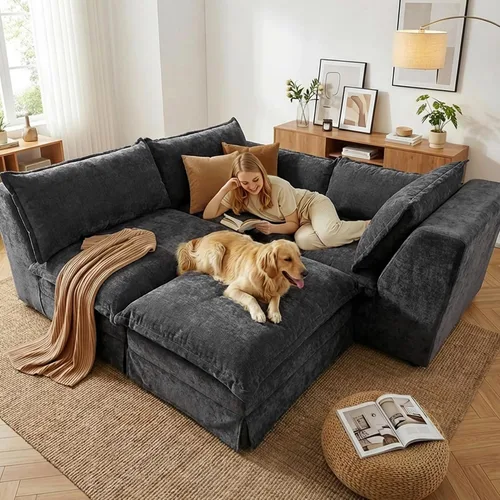 Vista 7 de Claiks Sofá modular deshuesado de 123 pulgadas, sofá en forma de L para sala de estar, sofá moderno de asiento profundo de 3 plazas, tela de Gris