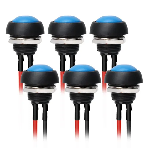 Vista 10 de STARELO 6 interruptores momentáneos de botón de 0.472 in, mini interruptor redondo impermeable SPST 3A 125V CA 2Pin 1NO con cable pre-soldado Rojo
