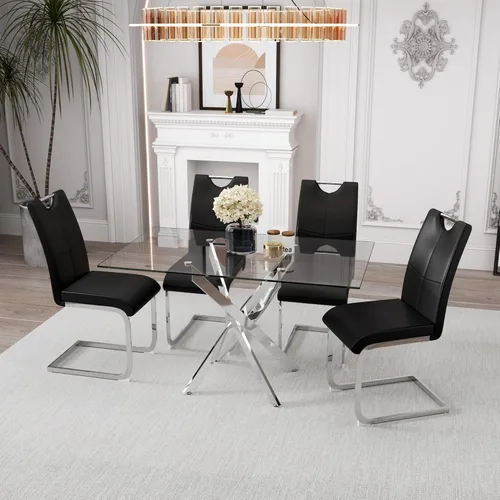 Vista 11 de Juego de mesa de comedor de 5 piezas, moderno juego de mesa de comedor de vidrio templado para 4 mesas de cocina con 4 sillas tapizadas para cocina
