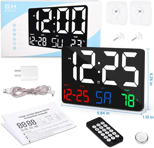 Vista 7 de Reloj digital de pared, reloj despertador digital LED de 11.5 pulgadas, pantalla grande, con control remoto, brillo ajustable, calendario