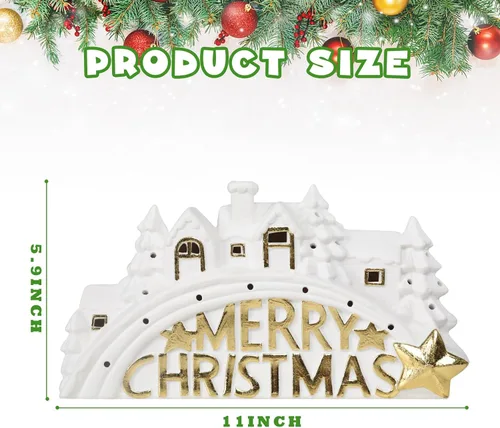 Vista 5 de Bdor Decoración de Aldea Navideña de Cerámica Iluminada – Escena de Casa LED Blanca de 11" con Letrero Dorado "Merry Christmas" – Decoración de Mesa