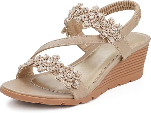 SHIBEVER Wedge Sandals for Women Dressy Summer Open Toe Low Platform Wedges Sandals Elastic Ankle Strap Flower Comfortable Casual Shoes