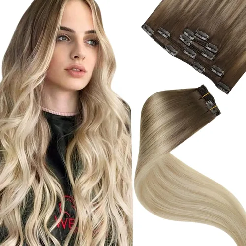LaaVoo - Extensiones de cabello humano con clip, balayage, de color marrón claro a rubio ceniza, mezcla con rubio platino, 12 pulgadas, de color
