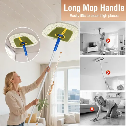 Vista 3 de Trapeador de polvo comercial para limpieza de suelos de madera, escoba industrial con 2 almohadillas de algodón de cuña de repuesto para paredes