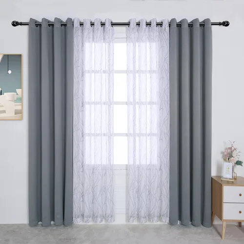 Vista 22 de BONZER Cortinas para Mezclar y Combinar - 2 Piezas de Cortinas Transparentes con Estampado de Ramas y 2 Piezas de Cortinas Opacas para Dormitorio
