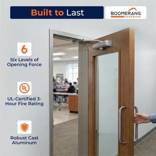 Vista 7 de Boomerang D4016 - Cierrapuertas comercial de diseño medio/resistente, múltiples opciones de montaje, cierrapuertas para zonas de alto tráfico, ADA