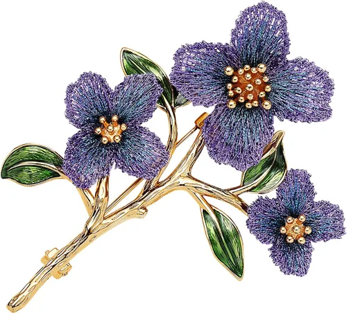 Forget me not Flower Brooch Handmade Gold Thread Embroidered and hand-Drip Enamel leaf, Gradient Botanical Floral Brooch pins for women, SHE'S FREE
