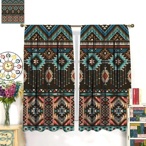Vista 254 de Cortinas con patrón geométrico tribal, estilo suroeste, azteca, rústico, occidental, nativo americano, opacas, con bolsillo para barra, decoración