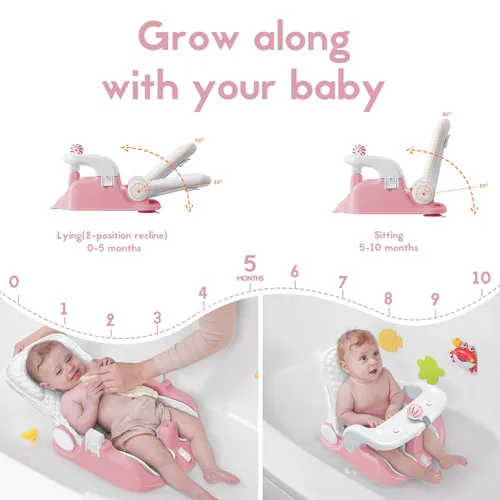 Vista 3 de BabyBond Soporte de Baño para Bebé con 2 Modos de Sentarse y Acostarse, Ajuste de 3 Velocidades, Potentes Ventosas, Silla de Bañera para Bebés