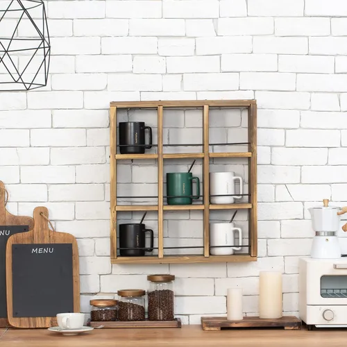 Vista 5 de MyGift Estante de exhibición de tazas de café montado en la pared, estante rústico de madera quemada para tazas de viaje coleccionables