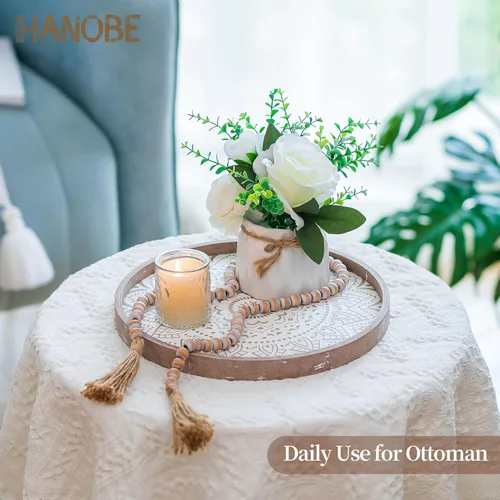 Vista 2 de Hanobe Bandeja Decorativa para Mesa de Café: Bandejas Redondas de Madera para Decoración Bohemia del Hogar, Centro de Mesa Rústico de Granja de 12