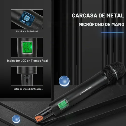 Vista 5 de Sistema de micrófono inalámbrico UHF profesional, micrófono de metal de 2 canales, juego de 2 micrófonos inalámbricos de mano, escaneo automático, 2