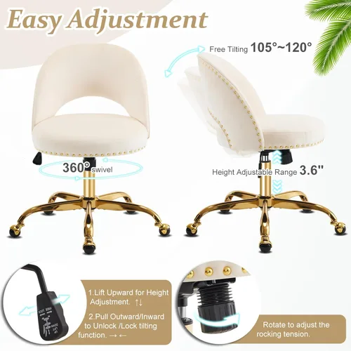 Vista 5 de VINGLI Silla de Oficina Pequeña de Terciopelo Moderna, Linda Silla de Escritorio con Ruedas, Base/Tachuelas Doradas, Cómoda Silla Giratoria sin