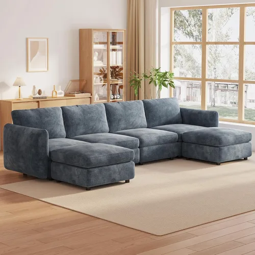 Vista 116 de Guyii Sofá modular de terciopelo, moderno sofá de 4 plazas de gran tamaño con 3 almohadas y reposapiés de almacenamiento, sofá convertible de 115.74