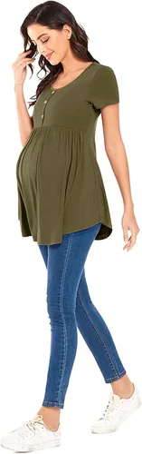 Vista 3 de POSHGLAM Camisetas de maternidad para mujer, cuello redondo, ropa de embarazo fruncida con acento de botón