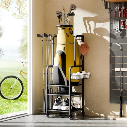 Vista 4 de niffgaff Golf Bag Organizer Golfing Storage Stand for Garage Golf Bags Golfing Rack with Wheels Black