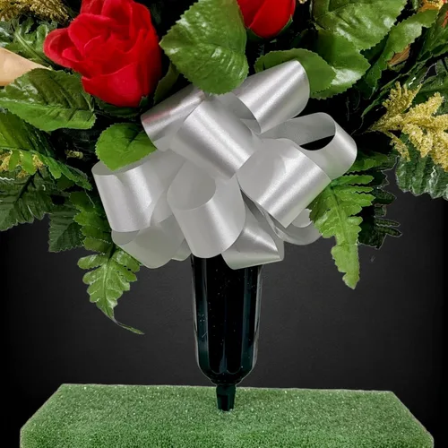 Vista 6 de Realistic Artificial Cemetery Flowers - Silk Faux Floral Red Rose and Calla Lily Bouquet Pair for Grave - 2 Headstone Decorations - Memorial Flowers