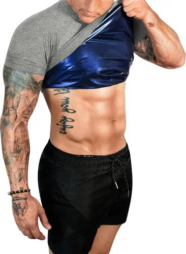 Vista 9 de FUXERT - Camisa de sauna para hombre, traje de sudor para gimnasio, ejercicio, camisa de compresión, ropa de entrenamiento moldeadora