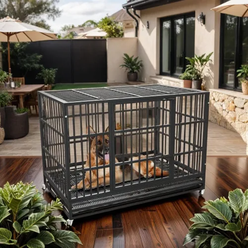 Vista 2 de Jaula para perros de alta ansiedad de 38 pulgadas con ruedas, de acero indestructible y a prueba de escape, con cerraduras resistentes, doble puerta