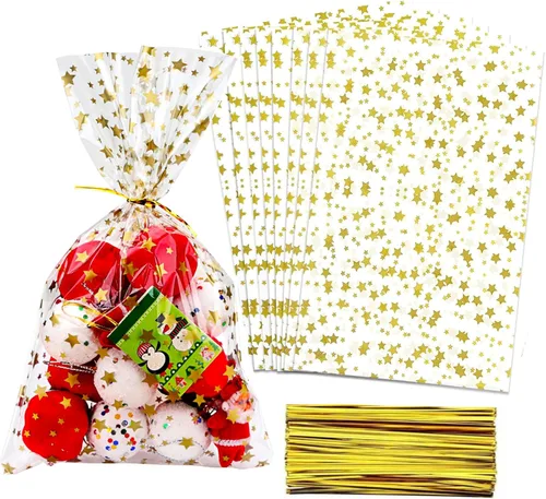 Vista 9 de 100 bolsas de celofán, bolsas de celofán transparente impresas con estrellas doradas de 3 x 5 pulgadas, 100 lazos giratorios, para envolver regalos
