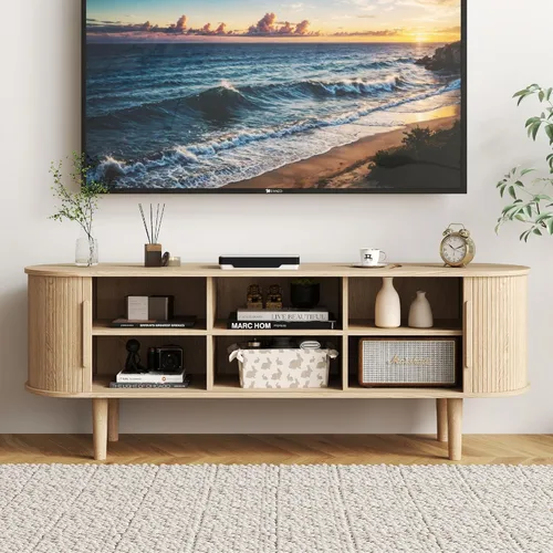 Vista 48 de Soporte de TV, mesa consola multimedia con puerta corredera y compartimento de almacenamiento, centro de entretenimiento moderno con almacenamiento