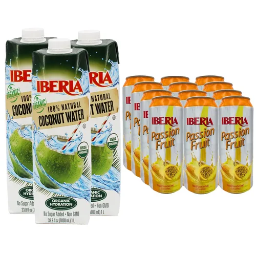 Iberia Bebida de jugo de maracuyá, 16.57 onzas líquidas (paquete de 12) + Iberia 100% agua de coco orgánica pura, 1 litro, 33.8 onzas líquidas