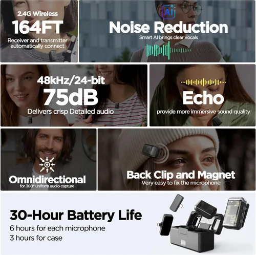 Vista 2 de Micrófono de solapa inalámbrico Lavalier para iPhone/Android/iPad para grabación de video con reducción de ruido/eco/sonido de estudio de 24 bits