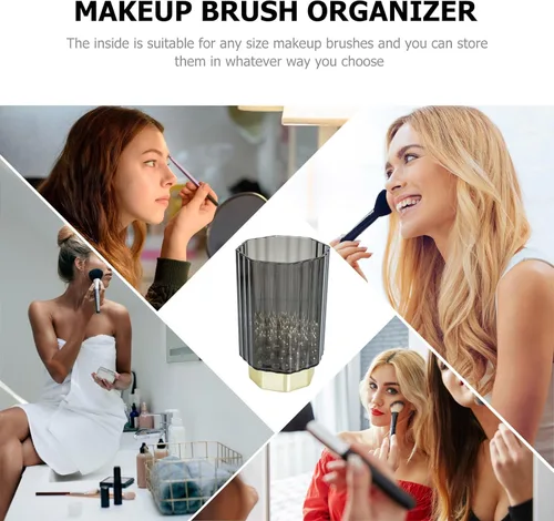 Vista 7 de SHINEOFI Makeup Brush Holder and Pen Cup, Nordic Retro Grey Glass Organizer with Gold Rim, Makeup Brush Organizer for Bathroom Vanity and Office