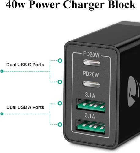 Vista 2 de Bloque de cargador USB C, cargador de pared USB C de 40 W, PD+QC 3.0, adaptador de corriente de doble puerto, 4 puertos multipuerto de carga rápida