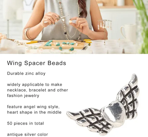 Vista 2 de HEEPDD 50 cuentas de ala de ángel, cuentas espaciadoras de alas para bricolaje hechos a mano, aretes, collares, joyas