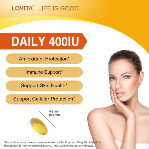 Vista 3 de LOVITA Vitamina E 400 UI cápsulas blandas veganas, vitamina E natural 268 mg (como D alfa tocoferol), para piel sana, cabello, uñas, antioxidantes