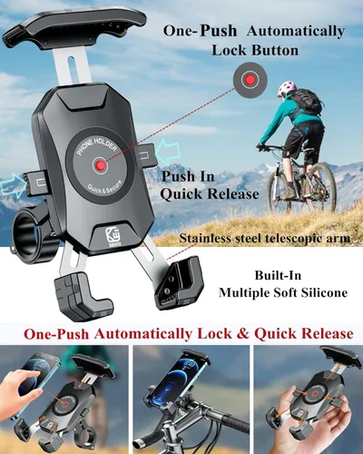 Vista 2 de BRCOVAN Soporte de teléfono para motocicleta con base de montaje de aleación de aluminio maciza, [bloqueo 1S] Soporte de teléfono celular