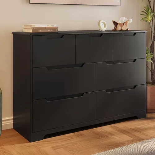 Gizoon Cómoda de 7 cajones, cómoda de madera de 48 pulgadas de ancho para dormitorio, organizador de almacenamiento moderno negro, diseño sin asas,
