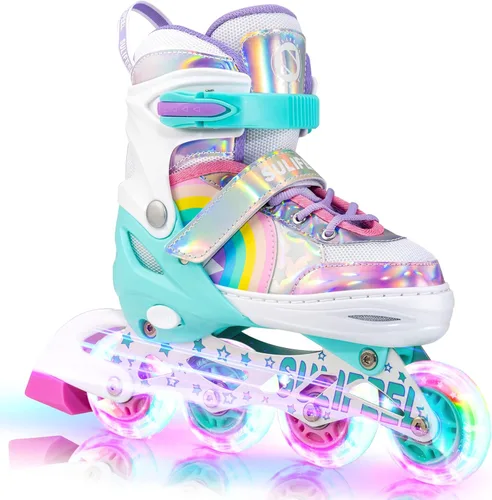 SULIFEEL Patines en línea de unicornio arcoíris para niñas y niños, 4 tamaños, ajustables, con ruedas iluminadas, para niños principiantes