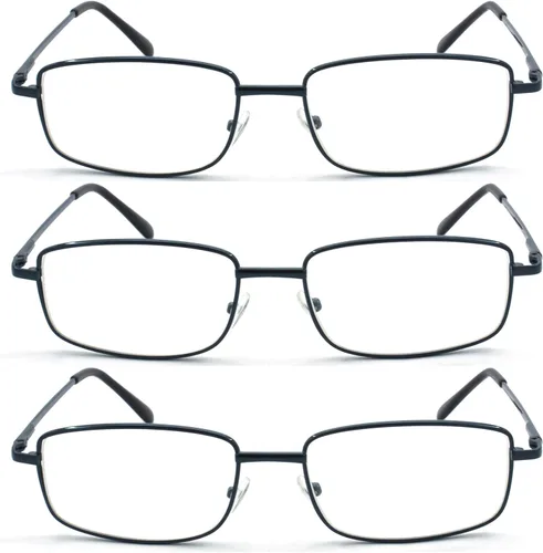 Vista 3 de Gafas de lectura rectangulares extra anchas de metal para hombres y mujeres 3 piezas - negro