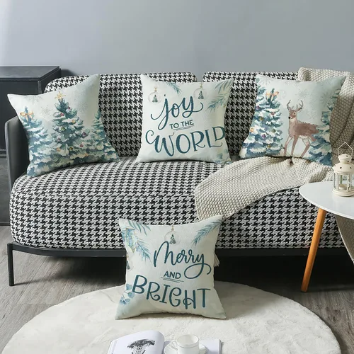 Vista 7 de Juego de 4 fundas de almohada de Navidad de 18 x 18 pulgadas, decoración de Navidad, árbol de Navidad, renos, fundas de cojín de casa de campo