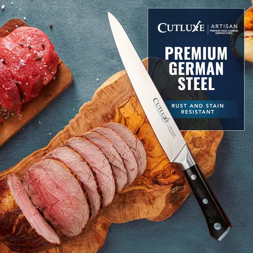 Vista 7 de Cutluxe Juego de cuchillos para tallar pavo, tenedor y cuchillo para carne, barbacoa, pechuga afilada, acero alemán de alta calidad, mango