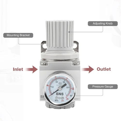 Vista 3 de SNS Regulador de presión de aire Rosca hembra 3/8 NPT Tipo compacto de alivio 0-150 PSI ajustable, soporte, calibre SAR3000K-N03