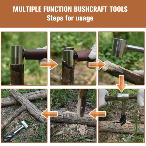 Vista 5 de Equipo de Bushcraft para supervivencia, llave de taladro sinfín de mano con pedernal, taladro para clavija de madera de ojo escocés y perforador
