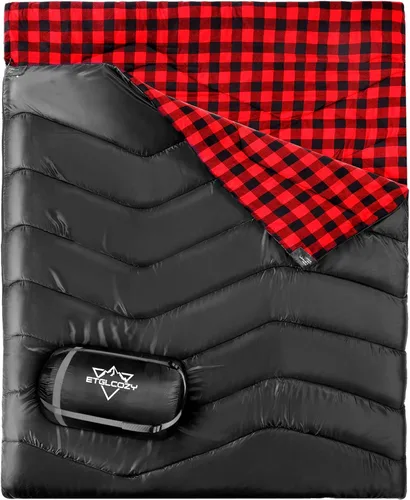 Vista 10 de XL Queen Size 2 Person Double Sleeping Bag for Adults, Lightweight Compact with Flannel Liner & Thermolock Draft Tube, Machine Washable All Season