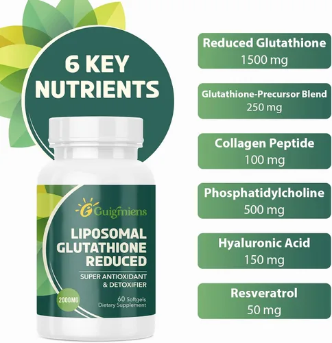 Vista 4 de Glutatión liposomal de 2000 mg, 10 veces mejor absorción, suplemento de glutatión con ácido hialurónico + péptido de colágeno + resveratrol, potente