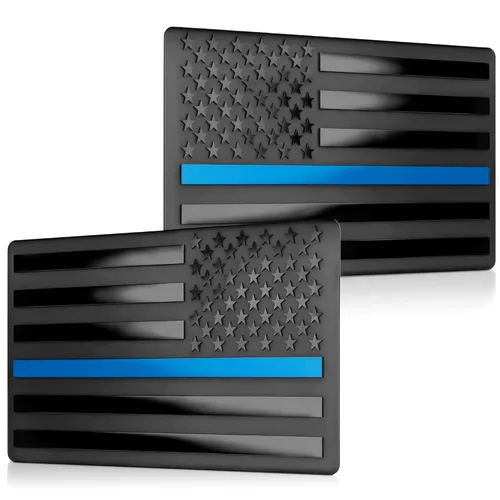3D Black American Flag Decal for Car with Blue Line | Embossed Aluminum – 1 Pair 5"x3" Matte Black Brushed Metal | UV-Proof Rust-Free US Flag