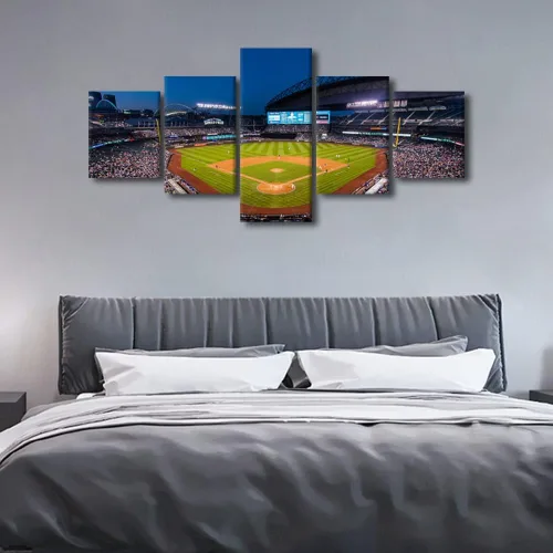 Vista 3 de TUMOVO T-MOBILE PARK - Arte de pared para sala de estar, lienzo de estadio de Seattle, 5 piezas, arte moderno de decoración de pared
