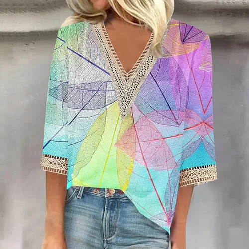 Vista 2 de Camisetas de verano para mujer, con cuello en V, con encaje y cuello en V, manga tres cuartos, ajuste holgado